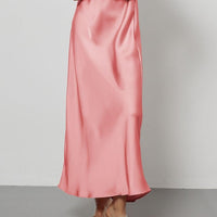 European American style satin midi skirt by MANDOTOS INTERNATIONAL, showcasing a smooth, elegant fabric and classic midi length.