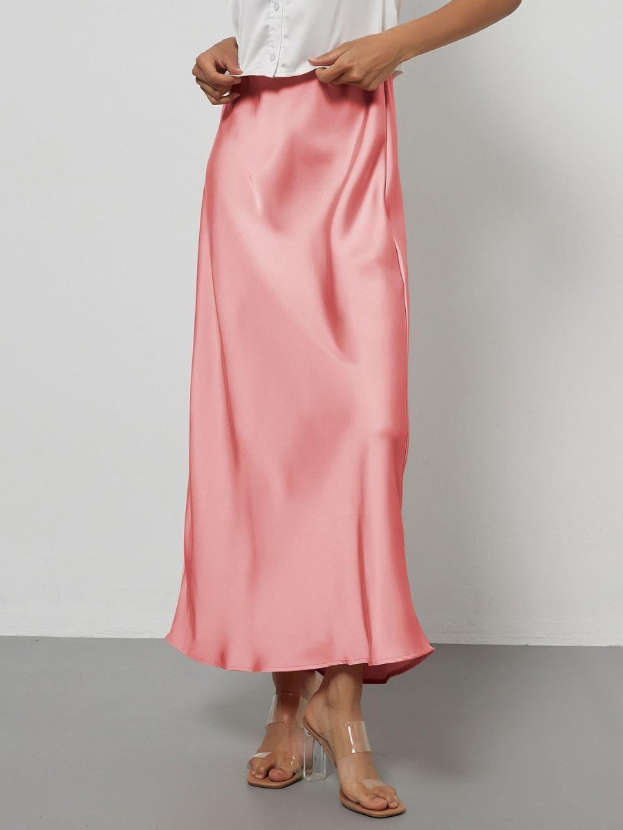 European American style satin midi skirt by MANDOTOS INTERNATIONAL, showcasing a smooth, elegant fabric and classic midi length.
