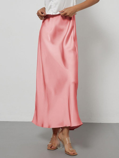European American style satin midi skirt by MANDOTOS INTERNATIONAL, showcasing a smooth, elegant fabric and classic midi length.