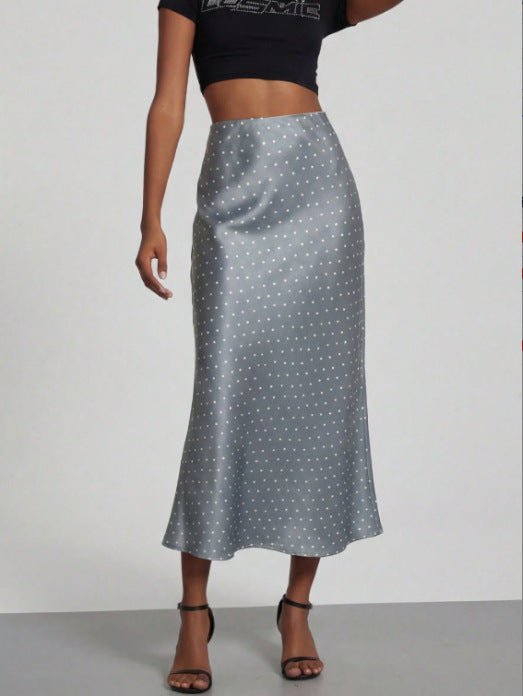European American style satin midi skirt from MANDOTOS INTERNATIONAL, showcasing smooth fabric and elegant design.