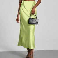 European American style satin midi skirt by Mandotos International, featuring a smooth, elegant fabric and classic midi length.