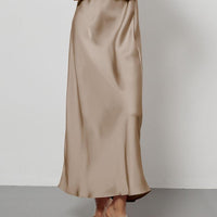 European American style satin midi skirt by Mandotos International, showcased in natural fabric drape and elegant design.