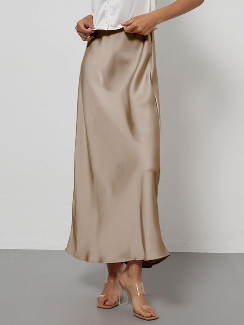 European American style satin midi skirt by Mandotos International, showcased in natural fabric drape and elegant design.