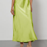European American style satin midi skirt by Mandotos International, featuring a smooth, elegant fabric and a mid-length design.