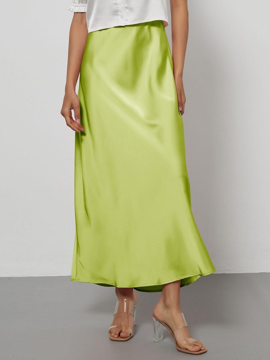 European American style satin midi skirt by Mandotos International, featuring a smooth, elegant fabric and a mid-length design.
