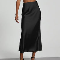 European American style satin midi skirt by MANDOTOS INTERNATIONAL, shown in natural fabric and elegant design for women.