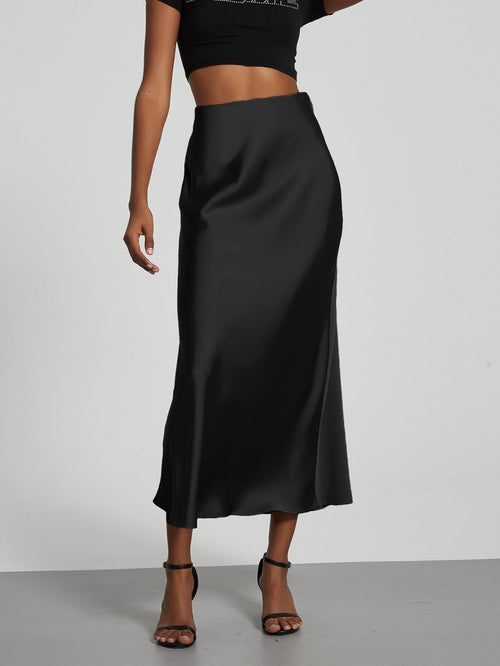 European American style satin midi skirt by MANDOTOS INTERNATIONAL, shown in natural fabric and elegant design for women.