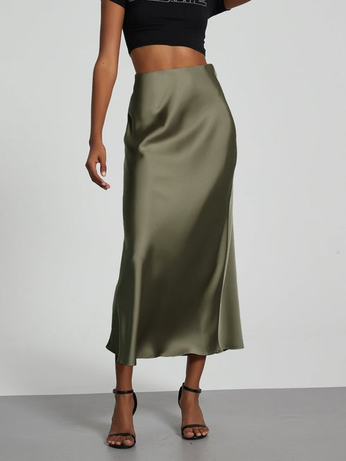 European American style satin midi skirt by Mandotos International, shown in soft, shiny fabric with a high waist and elegant silhouette.