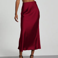 European American style satin midi skirt by Mandotos International, showcasing a sleek, elegant design in a close-up view.