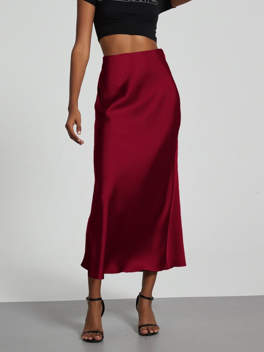 European American style satin midi skirt by Mandotos International, showcasing a sleek, elegant design in a close-up view.