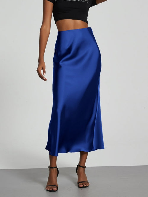 European American style satin midi skirt by Mandotos International, showcasing a sleek, flowy design perfect for stylish wear.