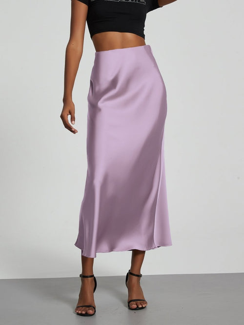 European American style satin midi skirt by Mandotos International, in stock, featuring a sleek, elegant design for fashionable wear.
