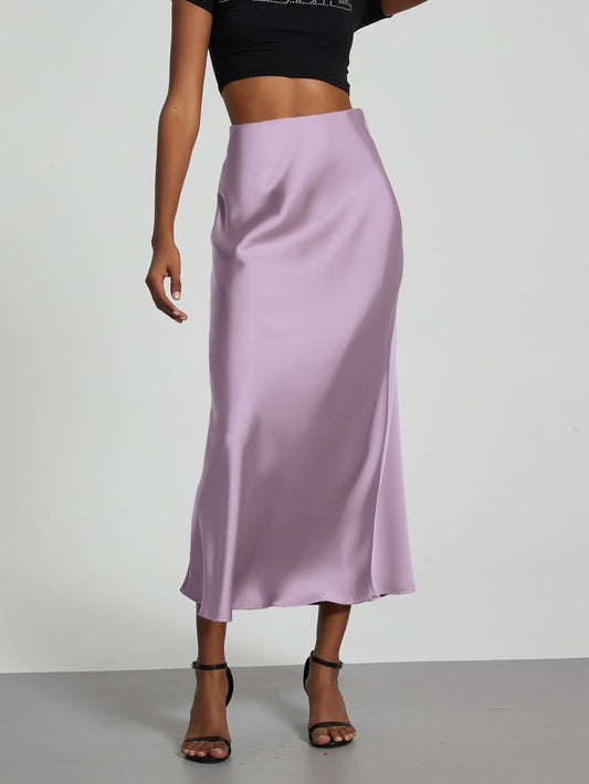 European American style satin midi skirt by Mandotos International, in stock, featuring a sleek, elegant design for fashionable wear.