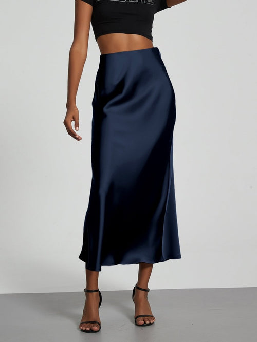 European American style satin midi skirt by MANDOTOS INTERNATIONAL, shown in a flattering silhouette with smooth fabric detail.