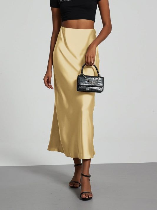 European American style satin midi skirt by Mandotos International, showcasing smooth fabric and classic silhouette.