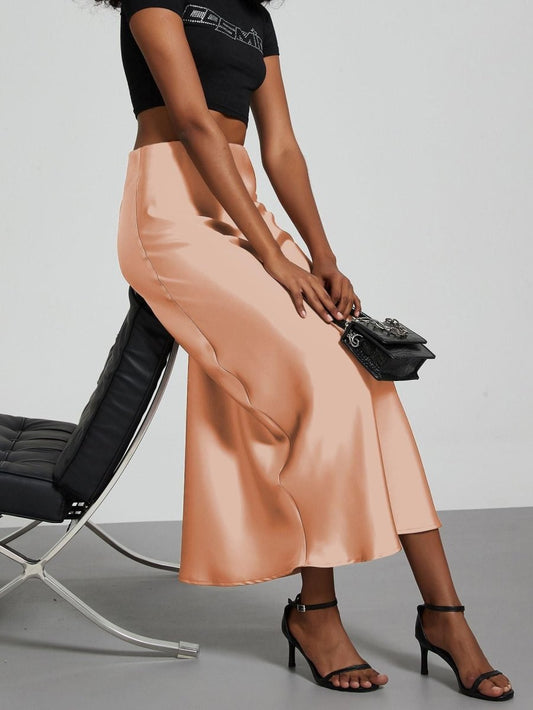 European American style satin midi skirt by Mandotos International, featuring a smooth, elegant fabric and classic midi length.