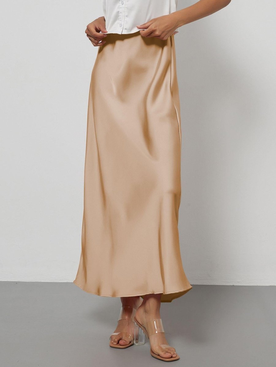 European American style satin midi skirt by Mandotos International, featuring a smooth, elegant design and in-stock for wholesale.