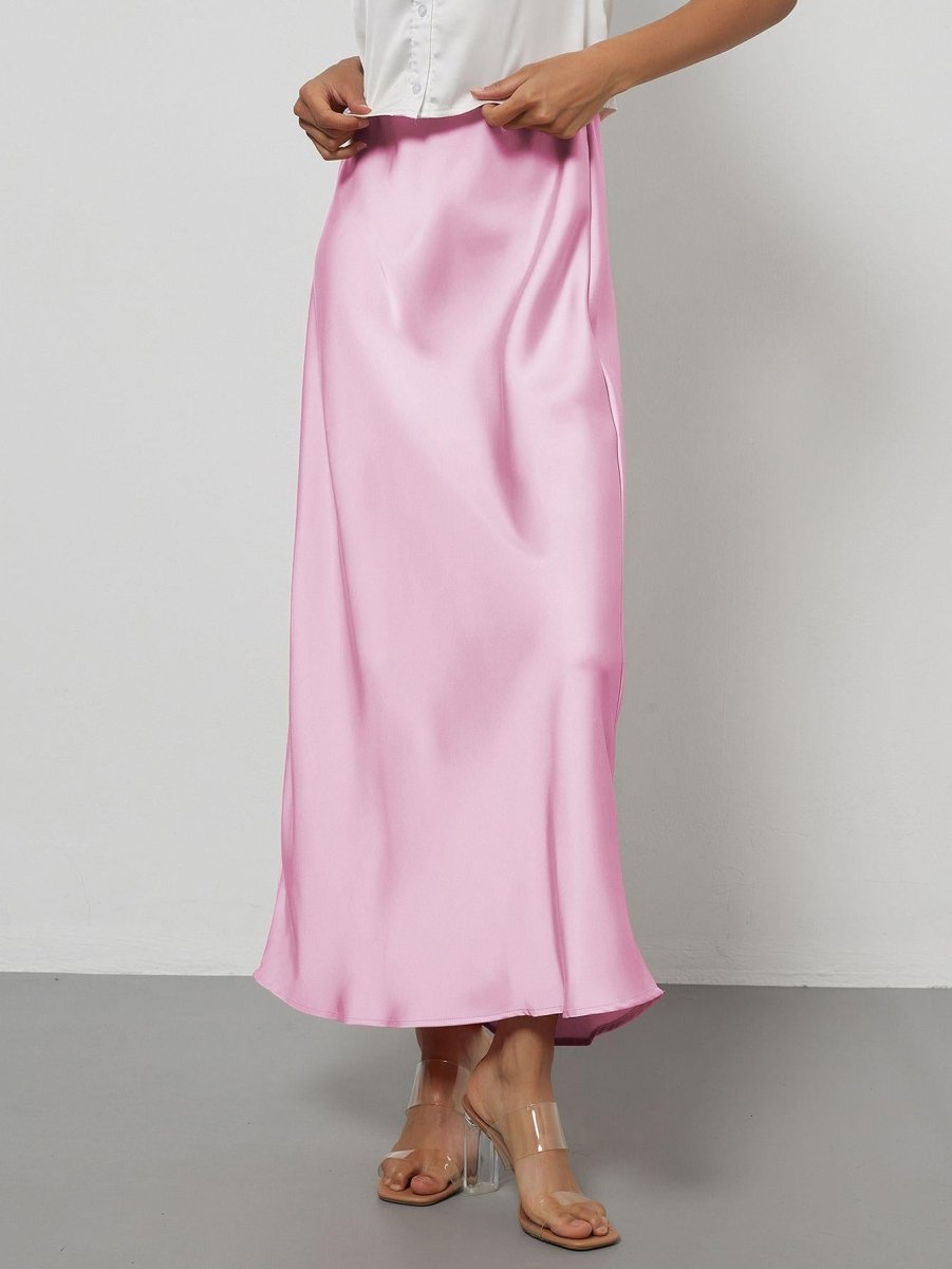 European American style satin midi skirt by Mandotos International, showcasing a smooth, satin fabric and classic midi length.