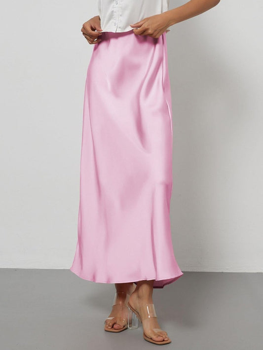 European American style satin midi skirt by Mandotos International, showcasing a smooth, satin fabric and classic midi length.