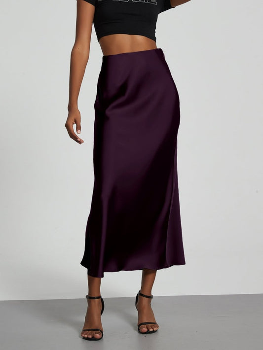 European American style satin midi skirt by Mandotos International, shown in a sleek, flowing design with a smooth satin finish.
