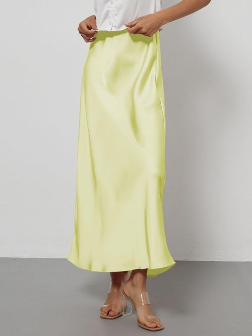 European American style satin midi skirt by Mandotos International, featuring a sleek design and in-stock wholesale availability.