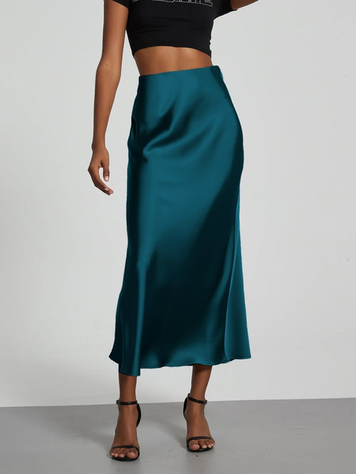 European American style satin midi skirt by Mandotos International, shown in a sleek, elegant design with a smooth satin finish.