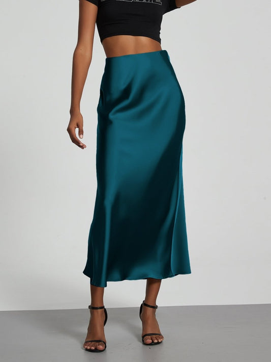 European American style satin midi skirt by Mandotos International, shown in a sleek, elegant design with a smooth satin finish.