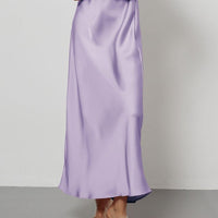 European American style satin midi skirt by Mandotos International, shown in a sleek, elegant design with a smooth satin finish.