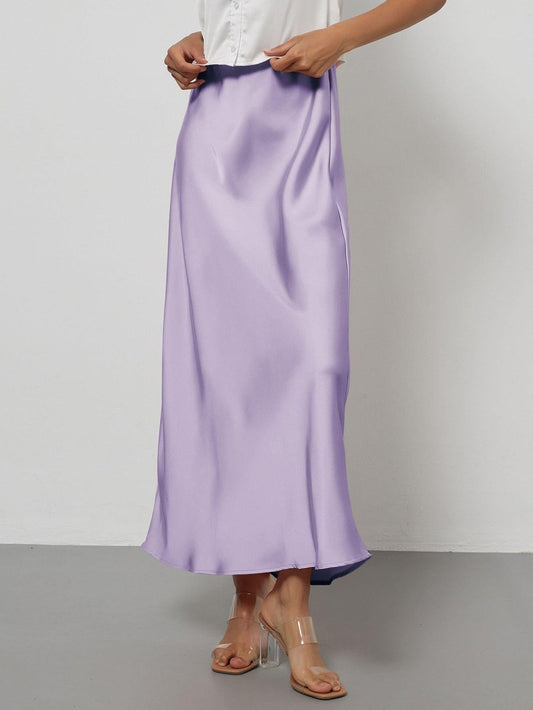 European American style satin midi skirt by Mandotos International, shown in a sleek, elegant design with a smooth satin finish.