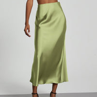 European American style satin midi skirt by Mandotos International, shown in a sleek, elegant design with smooth fabric and a midi length.
