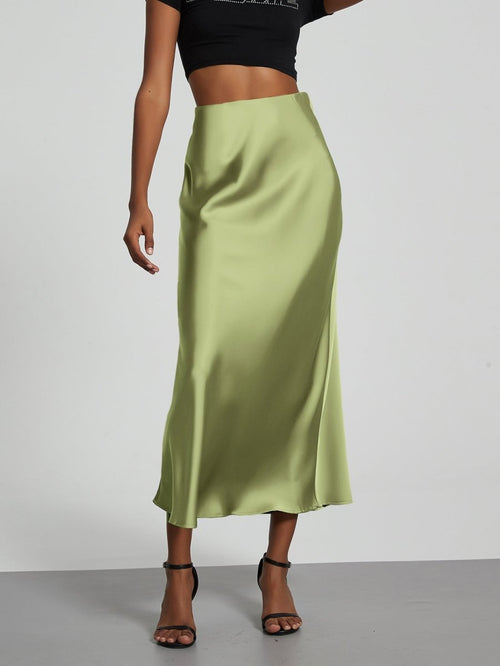 European American style satin midi skirt by Mandotos International, shown in a sleek, elegant design with smooth fabric and a midi length.