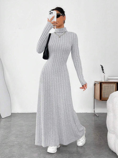Mandotos International women's cross-border autumn and winter dress with high collar, slim fit, long sleeves, solid color, and stylish design.