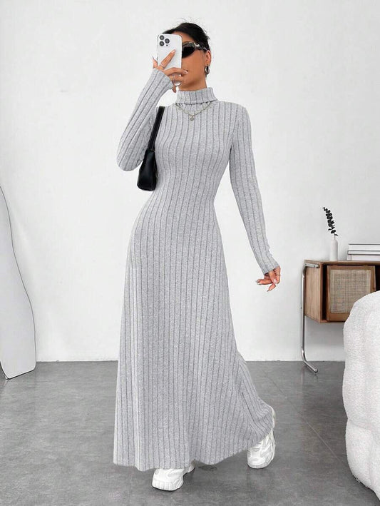 Mandotos International women's cross-border autumn and winter dress with high collar, slim fit, long sleeves, solid color, and stylish design.
