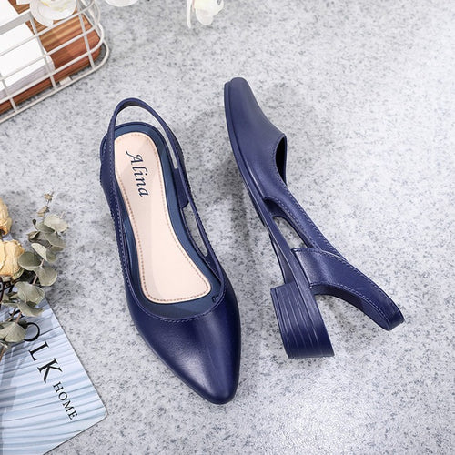 Mandotos International women's casual jelly sandals with shallow mouth, mid-low heel, breathable plastic design, Korean style.