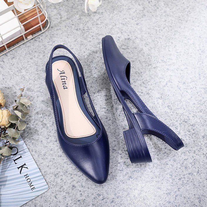 Mandotos International women's casual jelly sandals with shallow mouth, mid-low heel, breathable plastic design, Korean style.