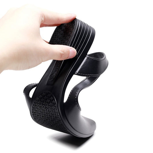 Mandotos International women's casual jelly sandals with shallow mouth, mid-low heel, breathable plastic, Korean style, outdoor wear