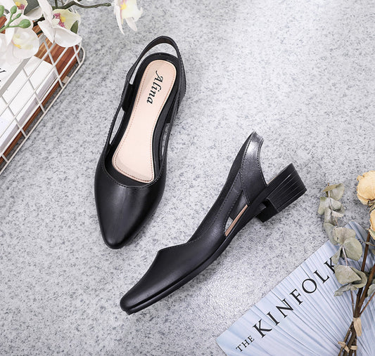 Mandotos International women's Korean style jelly sandals with shallow mouth, mid-low heel, breathable plastic, casual wear.