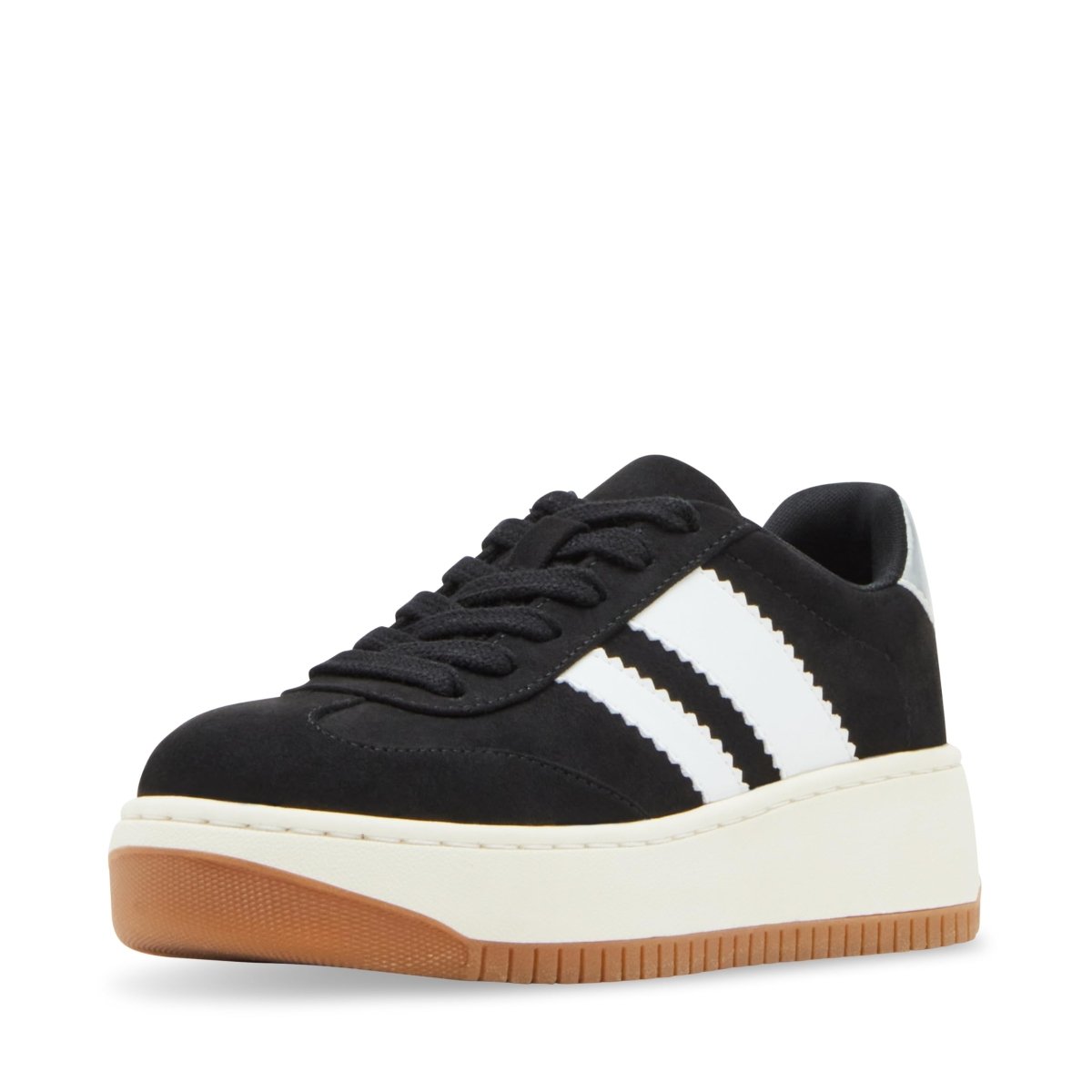 Black girls' Field sneaker by Steve Madden featuring a sleek design and comfortable fit, displayed in a close-up view.