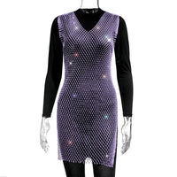 Rose red fishnet V-neck dress with rhinestones, diamond accents, perfect for parties, by MANDOTOS INTERNATIONAL.
