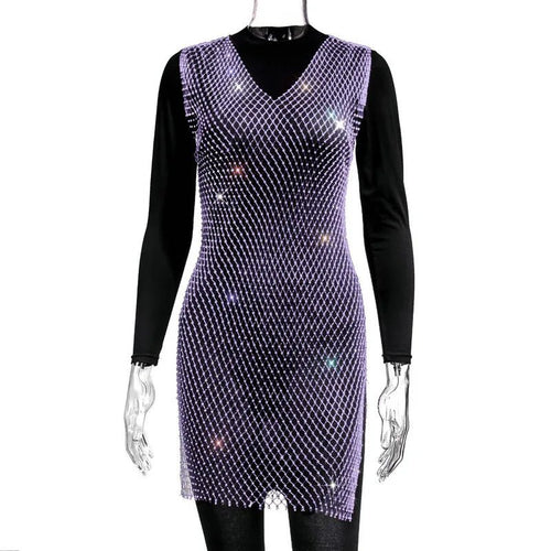 Rose red fishnet V-neck dress with rhinestones, diamond accents, perfect for parties, by MANDOTOS INTERNATIONAL.