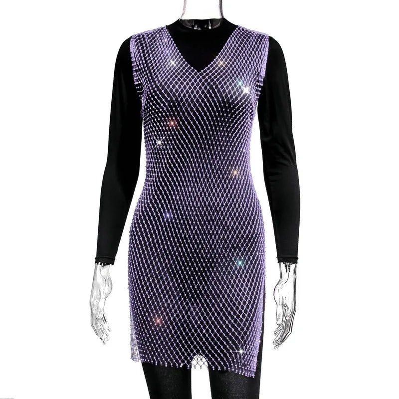Rose red fishnet V-neck dress with rhinestones, diamond accents, perfect for parties, by MANDOTOS INTERNATIONAL.