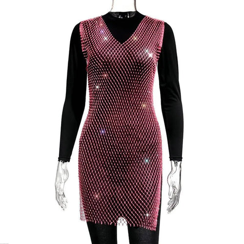 Rose red fishnet V-neck dress by MANDOTOS INTERNATIONAL with rhinestones and diamond accents, perfect for party and evening wear.