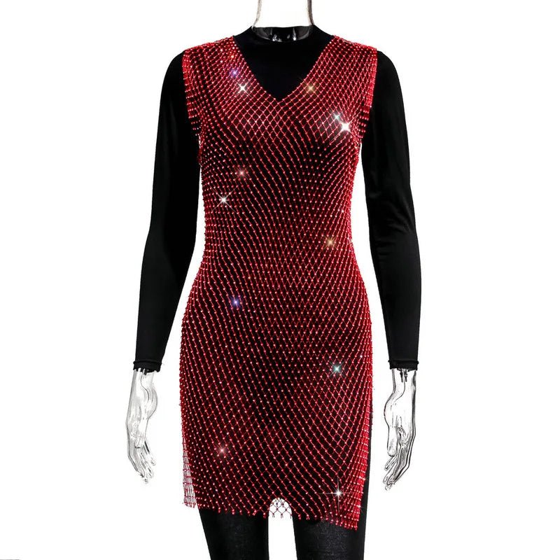 Rose red fishnet V-neck dress with rhinestone accents, designed for women, perfect for parties and special events.