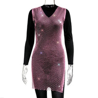 Rose red fishnet V-neck dress with rhinestone embellishments, perfect for party wear, by MANDOTOS INTERNATIONAL.