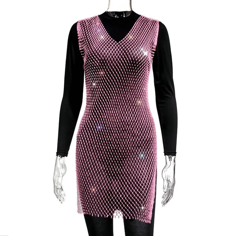 Rose red fishnet V-neck dress with rhinestone embellishments, perfect for party wear, by MANDOTOS INTERNATIONAL.