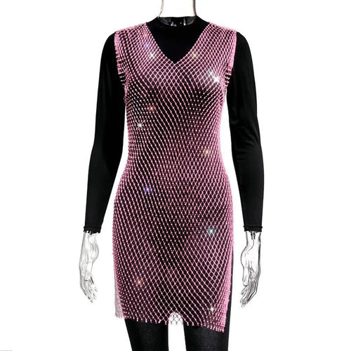 Rose red fishnet V-neck dress with rhinestone embellishments, perfect for party wear, by MANDOTOS INTERNATIONAL.