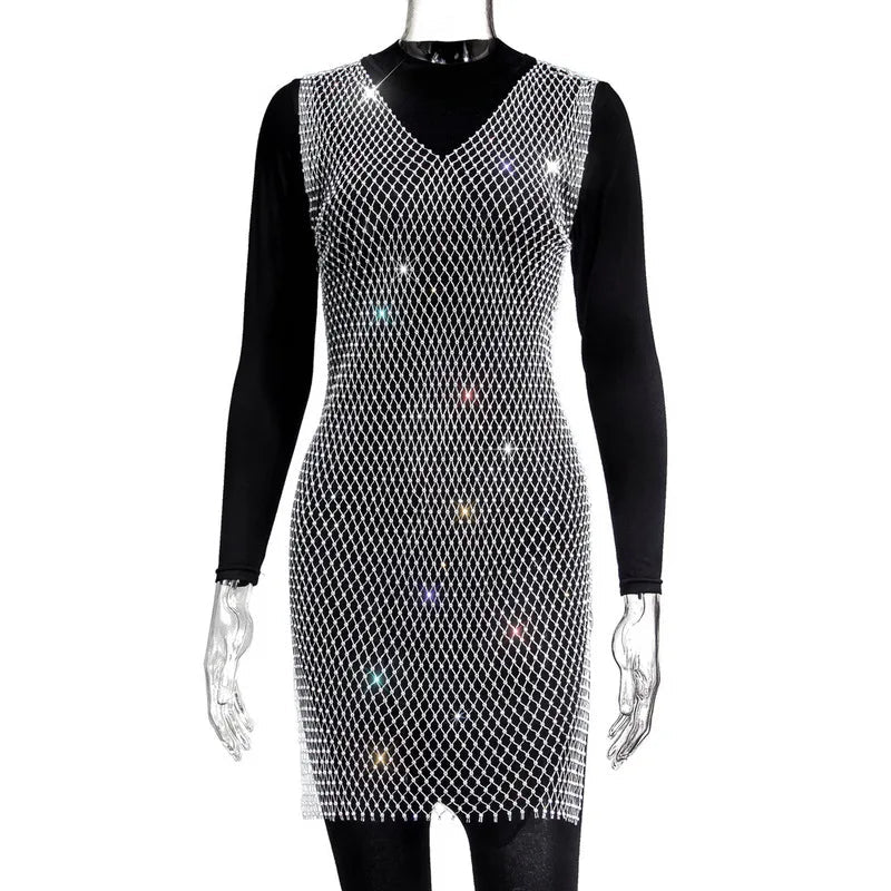 Mandotos International V-neck rose red fishnet dress with rhinestones and diamond accents, perfect for party or evening wear.