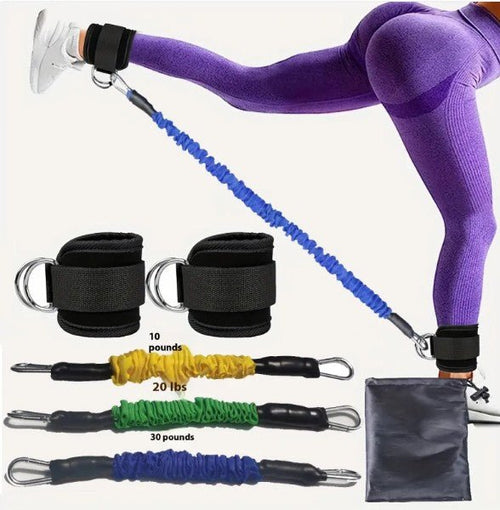Mandotos International FlexFit ankle resistance bands for strength training and exercise, shown in a close-up image.