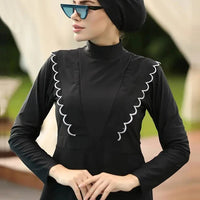 Mandotos International floral burkini swimsuit for women, modest swimwear for middle-aged women, with colorful floral pattern.