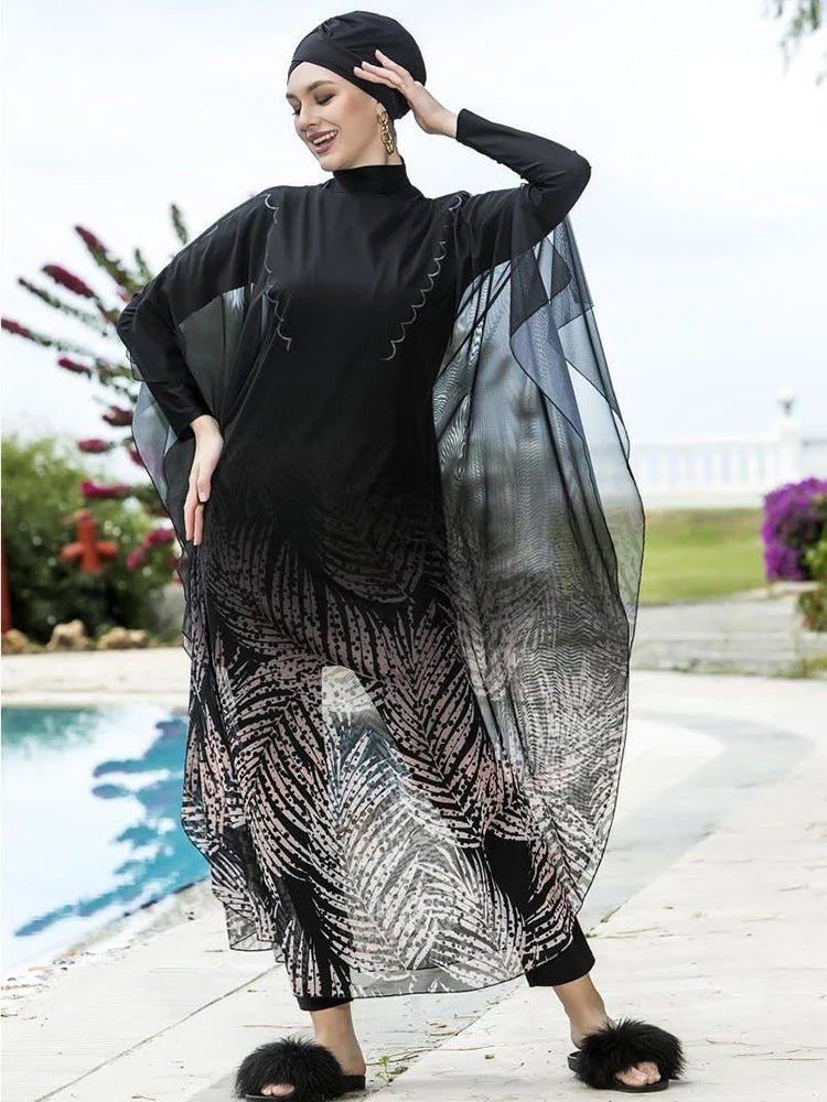 Floral burkini swimsuit for women by Mandotos International, modest swimwear perfect for middle-aged women at the beach or pool.
